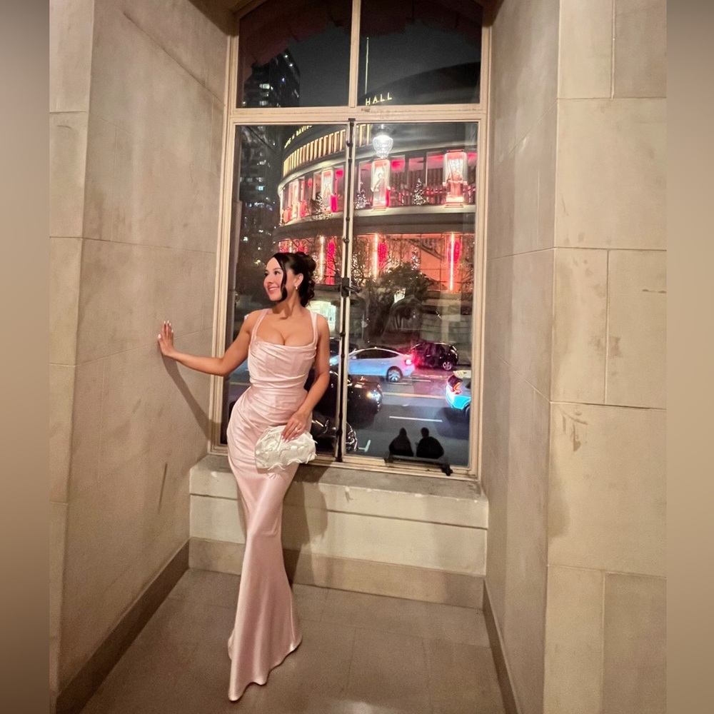 Elegant Pink Satin Maxi Dress with Cowl Neck